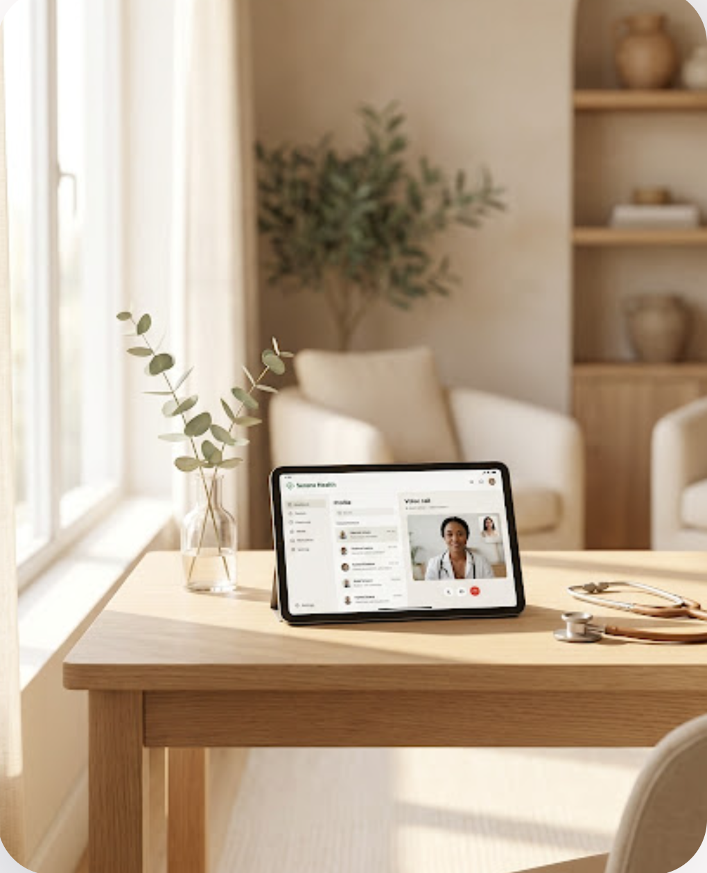 Warm telehealth room with a tablet showing a secure video visit.