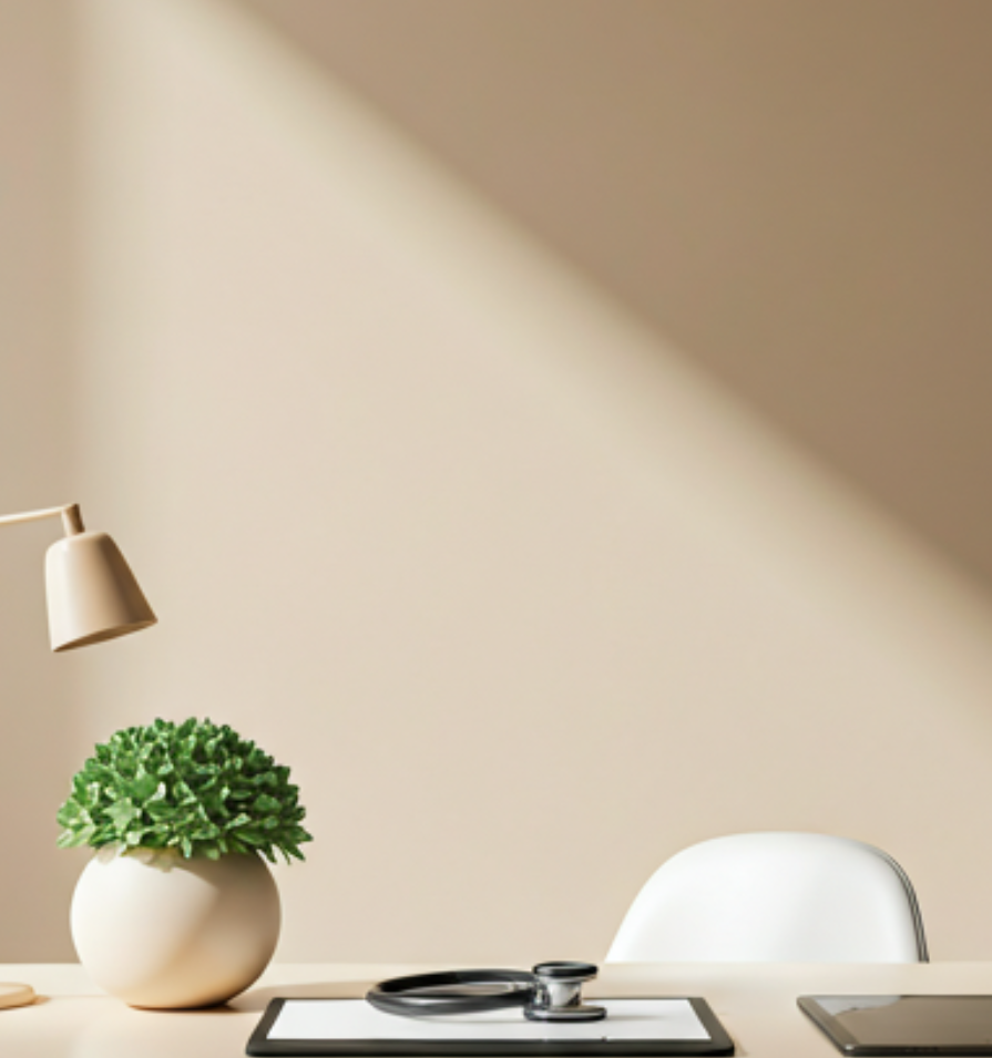 Warm desk scene with a stethoscope and plant for weight-management care.